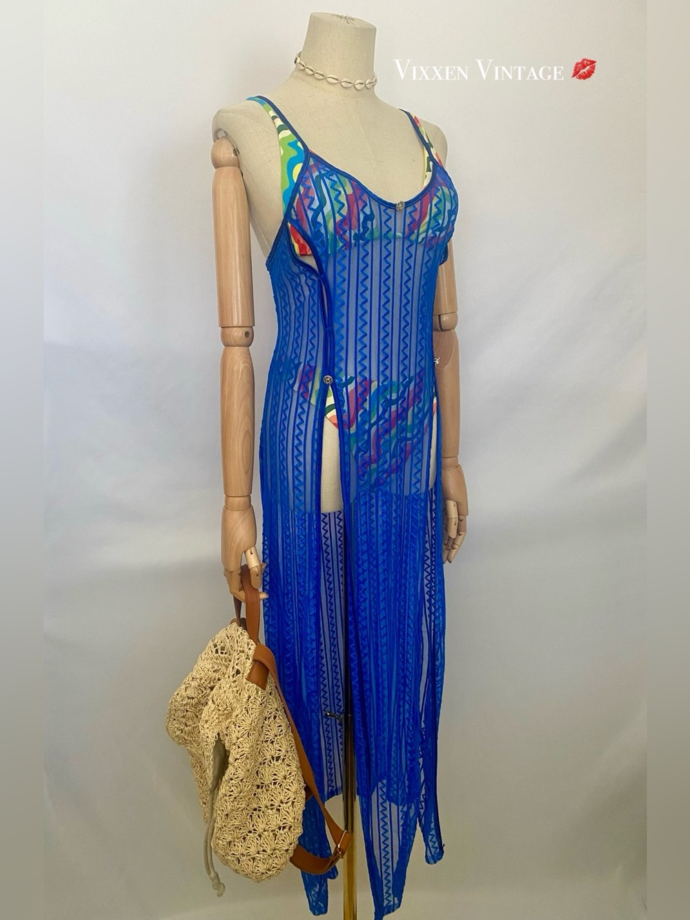 MESH THIGH HIGH SLIT MAXI COVERUP DRESS IN COBALT BLUE - Picture 2 of 4
